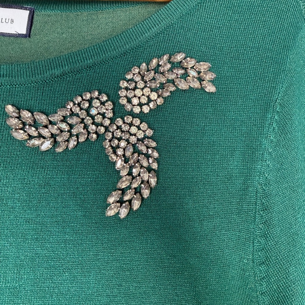 Charter Club Green Layered Look Sweater Rhinestone Embellished Womens Medium EUC - Picture 2 of 9